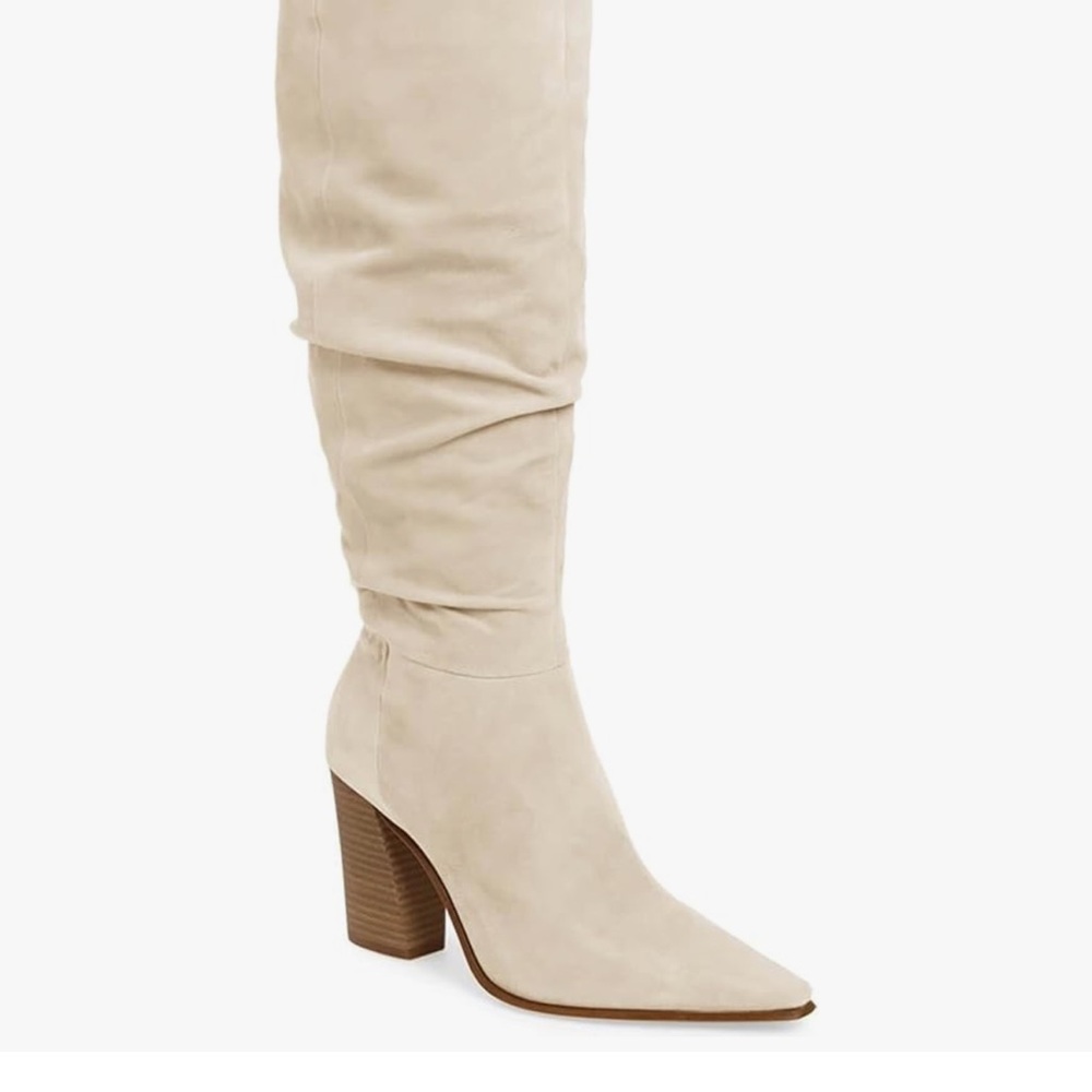Beige faux Suede Knee-High Block Heel Boots - Women's